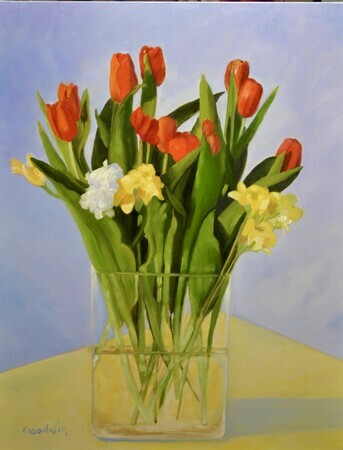First Day of Spring (Floral)   28x36 Oil on canvas, wired and ready to hang.